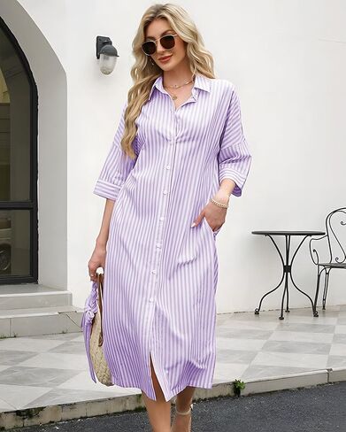 Womens Shirt Dresses Striped Lapel 3/4 Sleeve Maxi Dress Button Down Split Belted in Kuwait