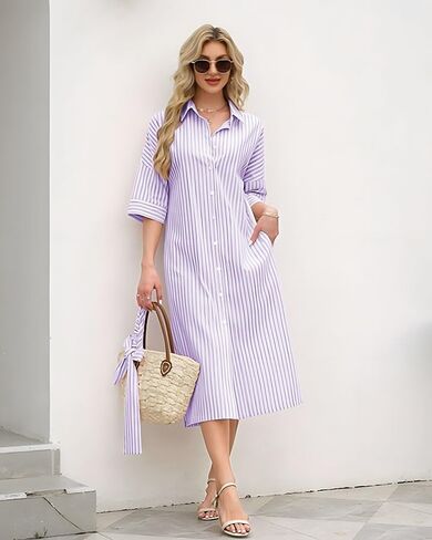 Womens Shirt Dresses Striped Lapel 3/4 Sleeve Maxi Dress Button Down Split Belted in Kuwait