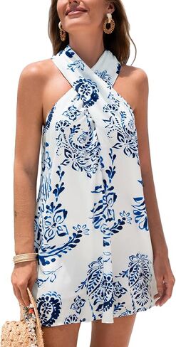 Cupshe Women's Paisley Mini Dresses Summeress Summer Cross Cross Halter Short Beach Up Dress in Kuwait