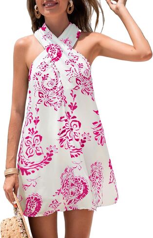 Cupshe Women's Paisley Mini Dresses Summeress Summer Cross Cross Halter Short Beach Up Dress in Kuwait