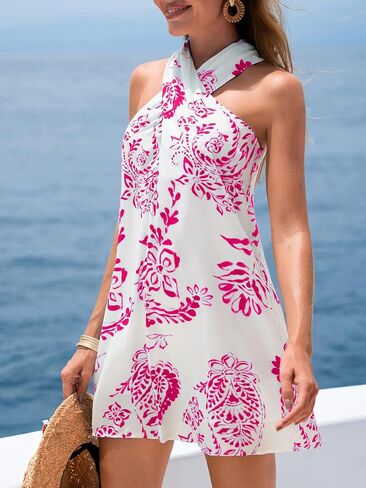 Cupshe Women's Paisley Mini Dresses Summeress Summer Cross Cross Halter Short Beach Up Dress in Kuwait