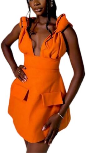 Catalpalev Women's Temperament V-Neck high Waisted Fake Pockets A-line Halter Dress Casual Dresses in Kuwait