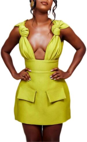 Catalpalev Women's Temperament V-Neck high Waisted Fake Pockets A-line Halter Dress Casual Dresses in Kuwait