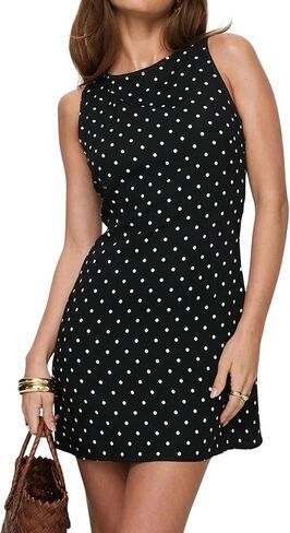 نساء عاريات التعادل Up Polka Dot Print Mini Dress Girls لطيف بلا أكمام حول الرقبة مفتوحة الظهر فستان قصير الخط in Kuwait