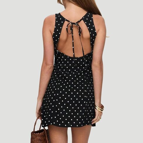 نساء عاريات التعادل Up Polka Dot Print Mini Dress Girls لطيف بلا أكمام حول الرقبة مفتوحة الظهر فستان قصير الخط in Kuwait