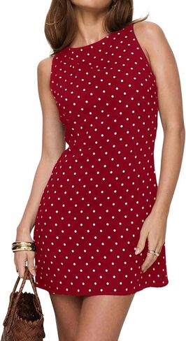نساء عاريات التعادل Up Polka Dot Print Mini Dress Girls لطيف بلا أكمام حول الرقبة مفتوحة الظهر فستان قصير الخط in Kuwait