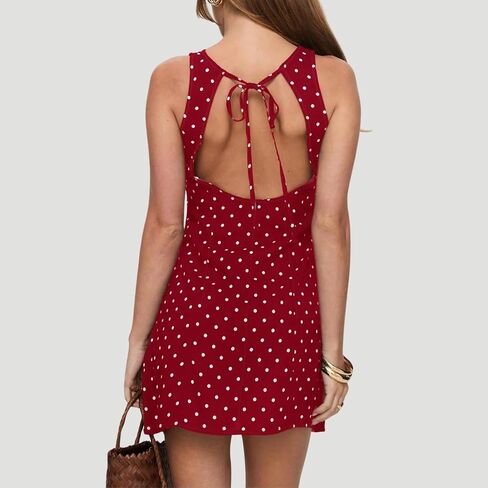 نساء عاريات التعادل Up Polka Dot Print Mini Dress Girls لطيف بلا أكمام حول الرقبة مفتوحة الظهر فستان قصير الخط in Kuwait