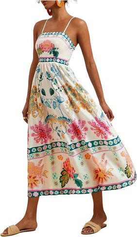Floerns Women's Summer Boho Spaghetti Strap Maxi Dresses Shirred Beach Dress Flowy Sundress in Saudi Arabia
