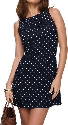 نساء عاريات التعادل Up Polka Dot Print Mini Dress Girls لطيف بلا أكمام حول الرقبة مفتوحة الظهر فستان قصير الخط in Kuwait