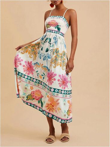 Floerns Women's Summer Boho Spaghetti Strap Maxi Dresses Shirred Beach Dress Flowy Sundress in Saudi Arabia