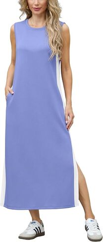 GRECERELLE 2025 Women Summer Color Blocking Round Neck Sleeveless Casual Wrinkle-Free Side Split Maxi Dress with Pockets in Saudi Arabia