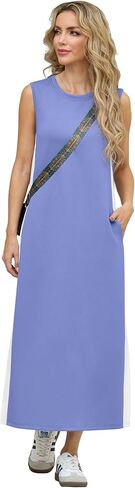 GRECERELLE 2025 Women Summer Color Blocking Round Neck Sleeveless Casual Wrinkle-Free Side Split Maxi Dress with Pockets in Saudi Arabia