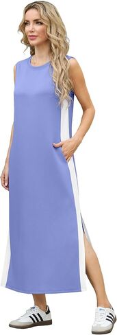 GRECERELLE 2025 Women Summer Color Blocking Round Neck Sleeveless Casual Wrinkle-Free Side Split Maxi Dress with Pockets in Saudi Arabia