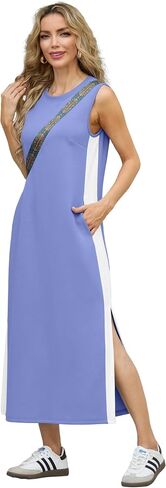 GRECERELLE 2025 Women Summer Color Blocking Round Neck Sleeveless Casual Wrinkle-Free Side Split Maxi Dress with Pockets in Saudi Arabia
