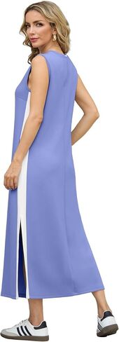 GRECERELLE 2025 Women Summer Color Blocking Round Neck Sleeveless Casual Wrinkle-Free Side Split Maxi Dress with Pockets in Saudi Arabia