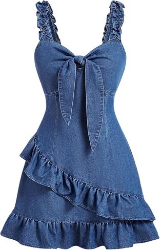 Wdirara Women's Tie Tie Front Frand Frank Cami Dress Frill Trim Trim Frickless Short Dress in Saudi Arabia