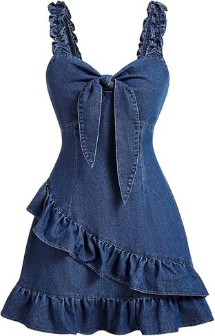 Wdirara Women's Tie Tie Front Frand Frank Cami Dress Frill Trim Trim Frickless Short Dress in Kuwait