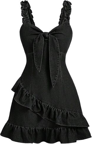 Wdirara Women's Tie Tie Front Frand Frank Cami Dress Frill Trim Trim Frickless Short Dress in Kuwait