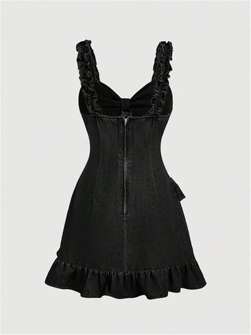 Wdirara Women's Tie Tie Front Frand Frank Cami Dress Frill Trim Trim Frickless Short Dress in Kuwait