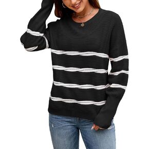 ECOWISH Women's Long Sleeve Crewneck Striped Sweater - Fall 2025 Trendy Casual Knitwear for Office & Daily Wear in Kuwait