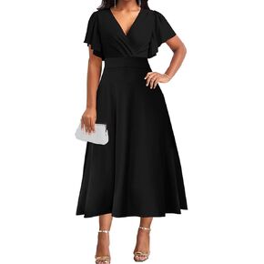 ZonJie Summer Casual Dress for Women V Neck Ruffle Short Sleeve A Line Swing Flared Cocktail Party Midi Dress with Pocket in Kuwait