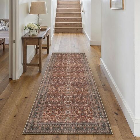 HUGEAR 2'6''x12 Runner Rug Machine Washable Retro Brown Hallway Area Rug Indoor Vintage Rug Floral Low Pile Carpet Soft Throw Rug Bedroom Living Room Office Dining Room Kitchen Laundry Room Non Slip in Kuwait