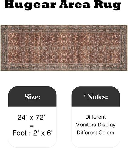 HUGEAR 2'6''x12 Runner Rug Machine Washable Retro Brown Hallway Area Rug Indoor Vintage Rug Floral Low Pile Carpet Soft Throw Rug Bedroom Living Room Office Dining Room Kitchen Laundry Room Non Slip in Kuwait