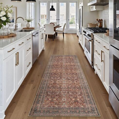 HUGEAR 2'6''x12 Runner Rug Machine Washable Retro Brown Hallway Area Rug Indoor Vintage Rug Floral Low Pile Carpet Soft Throw Rug Bedroom Living Room Office Dining Room Kitchen Laundry Room Non Slip in Kuwait