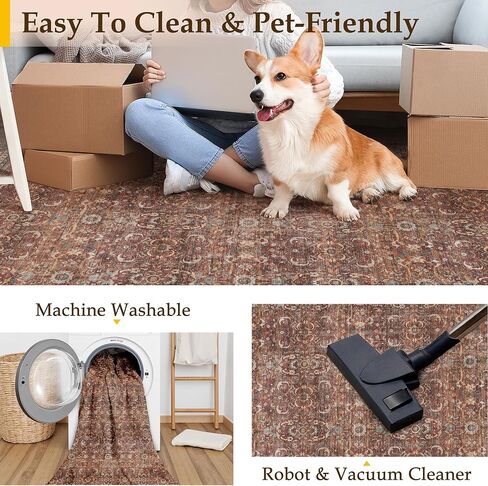 HUGEAR 2'6''x12 Runner Rug Machine Washable Retro Brown Hallway Area Rug Indoor Vintage Rug Floral Low Pile Carpet Soft Throw Rug Bedroom Living Room Office Dining Room Kitchen Laundry Room Non Slip in Kuwait