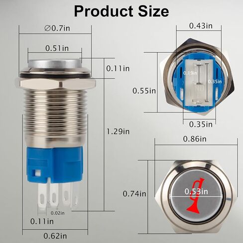12V 16MM Raised Speaker Momentary Push Button Horn Switch, 5/8" Mounting Hole, for Automotive Car Boat Train, Red LED Light Black Stainless Steel Shell in Saudi Arabia