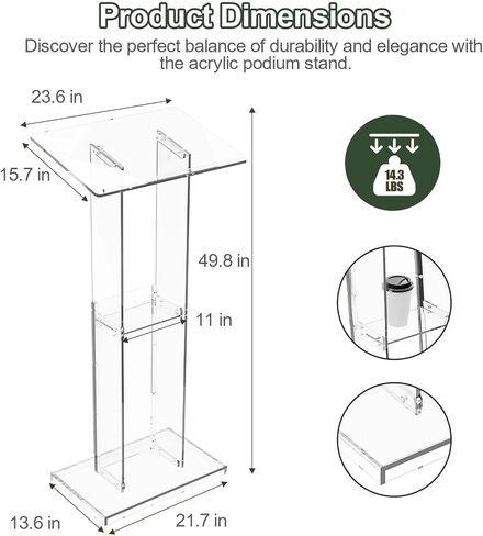 Acrylic Clear Lecterns Podium Stand, 24" L x 16" W x 50" H - Pulpits for Classrooms, Weddings, Churches, Conference, Speeches, Professional Presentation Podiums with Storage Shelf (Transparent) in Saudi Arabia
