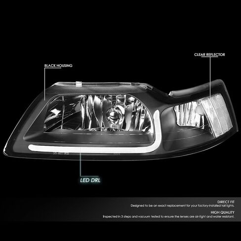أسرة السيارات LED DRL DRL Assembly Assembating مع Ford Mustang 1999 2000 2001 2002 2003 2004 ، Driver and Raptenger ، Black Housing Clear Lens in Kuwait