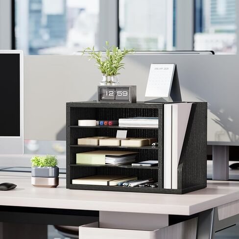 File Organizer Desktop, Wood Desk Organizer with 3 Adjustable Shelves, Mail Paper Sorter for Office, Home, File Holders for Envelopes, Mail Supplies or Magazines, Rustic Brown in Saudi Arabia