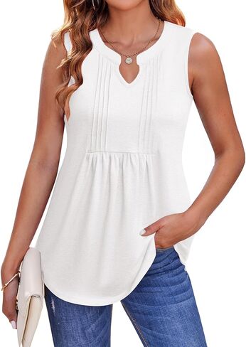 Zeagoo Womens Summer Tank Tops Pleated V Neck Floral Solid Loose Fit Tops Casual Flowy Sleeveless Tunic Shirts 2025 Clothes in Saudi Arabia