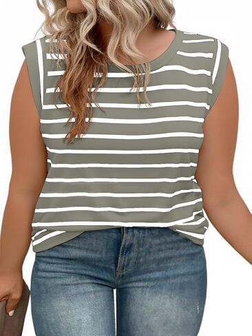 Beautife Womens Plus Size Cap Sleeve Tank Tops Casual Summer Striped T Shirts Crew Neck Loose Fit Tees in Kuwait