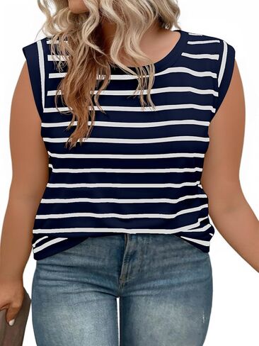 Beautife Womens Plus Size Cap Sleeve Tank Tops Casual Summer Striped T Shirts Crew Neck Loose Fit Tees in Kuwait