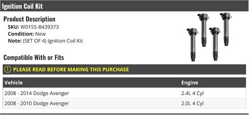 Ignition Coil Kit - 4 Piece - Compatible with 2008-2014 Dodge Avenger 2.0L 2.4L 4-Cylinder in Saudi Arabia