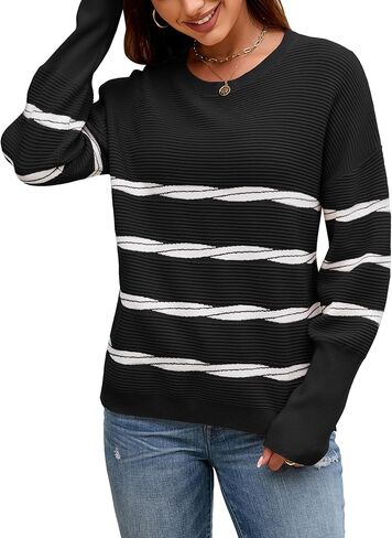 ECOWISH Women's Long Sleeve Crewneck Striped Sweater - Fall 2025 Trendy Casual Knitwear for Office & Daily Wear in Kuwait
