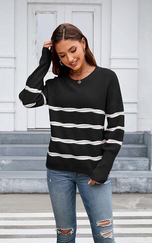 ECOWISH Women's Long Sleeve Crewneck Striped Sweater - Fall 2025 Trendy Casual Knitwear for Office & Daily Wear in Kuwait