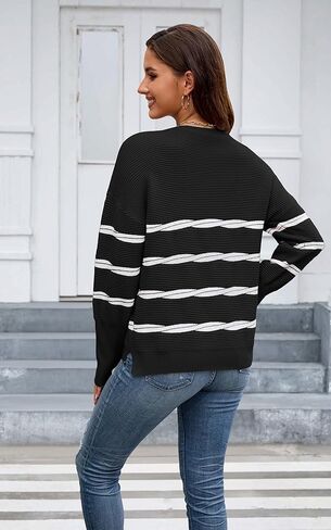 ECOWISH Women's Long Sleeve Crewneck Striped Sweater - Fall 2025 Trendy Casual Knitwear for Office & Daily Wear in Kuwait