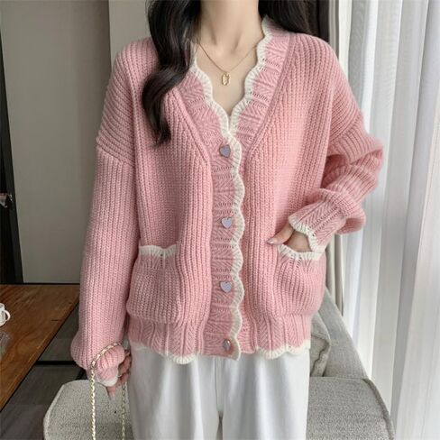 Aesthetic Preppy Cardigan for Women Cutecore Kawaii V-Neck Outwear Loose Button Up Sweater Y2k Clothes with Pockets in Saudi Arabia