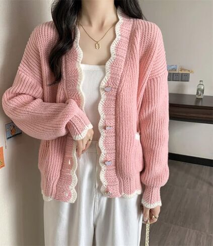 Aesthetic Preppy Cardigan for Women Cutecore Kawaii V-Neck Outwear Loose Button Up Sweater Y2k Clothes with Pockets in Saudi Arabia