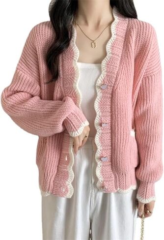 Aesthetic Preppy Cardigan for Women Cutecore Kawaii V-Neck Outwear Loose Button Up Sweater Y2k Clothes with Pockets in Saudi Arabia