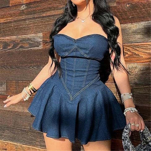 Women's Sexy Strapless Tube A-Line Mini Denim Jean Dress in Saudi Arabia