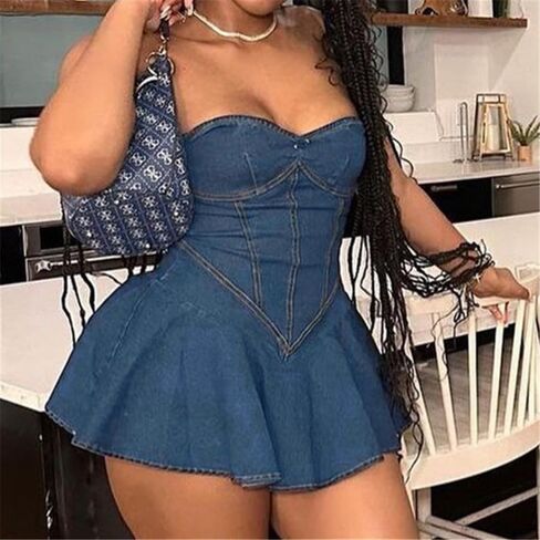 Women's Sexy Strapless Tube A-Line Mini Denim Jean Dress in Saudi Arabia