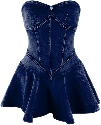 Women's Sexy Strapless Tube A-Line Mini Denim Jean Dress in Saudi Arabia