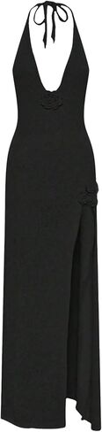 GORGLITTER Women's Flower Bow Halter Bodycon Maxi Dress Backless V Neck Sleeveless Summer Beach Vacation Sundresses in Saudi Arabia