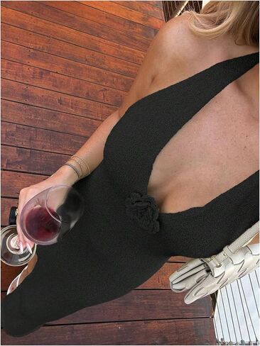 GORGLITTER Women's Flower Bow Halter Bodycon Maxi Dress Backless V Neck Sleeveless Summer Beach Vacation Sundresses in Saudi Arabia