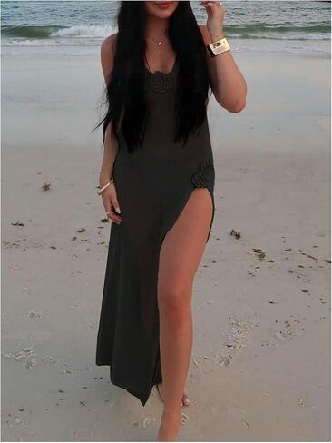 GORGLITTER Women's Flower Bow Halter Bodycon Maxi Dress Backless V Neck Sleeveless Summer Beach Vacation Sundresses in Saudi Arabia