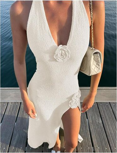 Gorglitter نساء زهرة القوس الرسن bodycon maxi فستان الخلف الخامس الرقبة أكمام الصيف الشاطئ العطلات sundress in Kuwait
